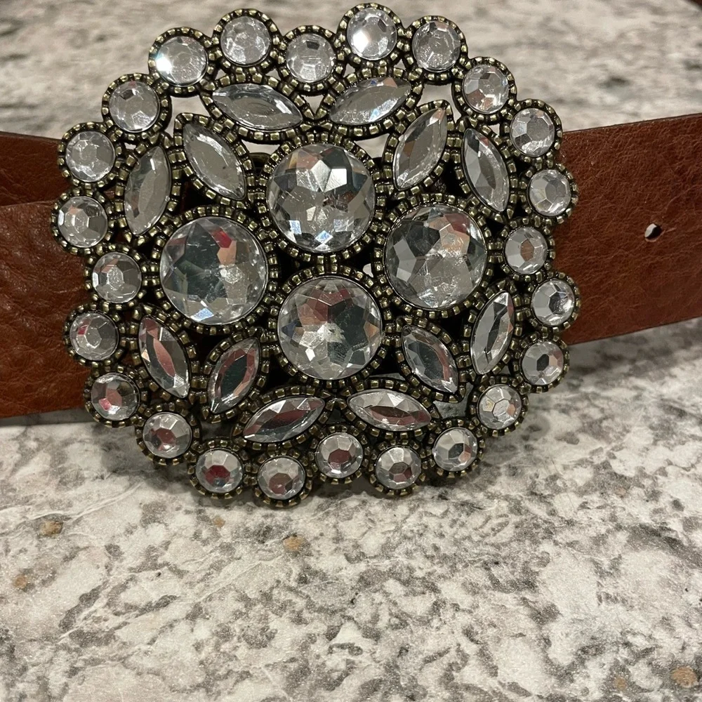 Chinese Laundry Boho Brown Leather Belt oval Rhinestone Buckle Sz Large